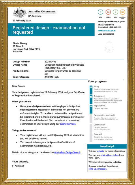 Australian Registered Design Certificate