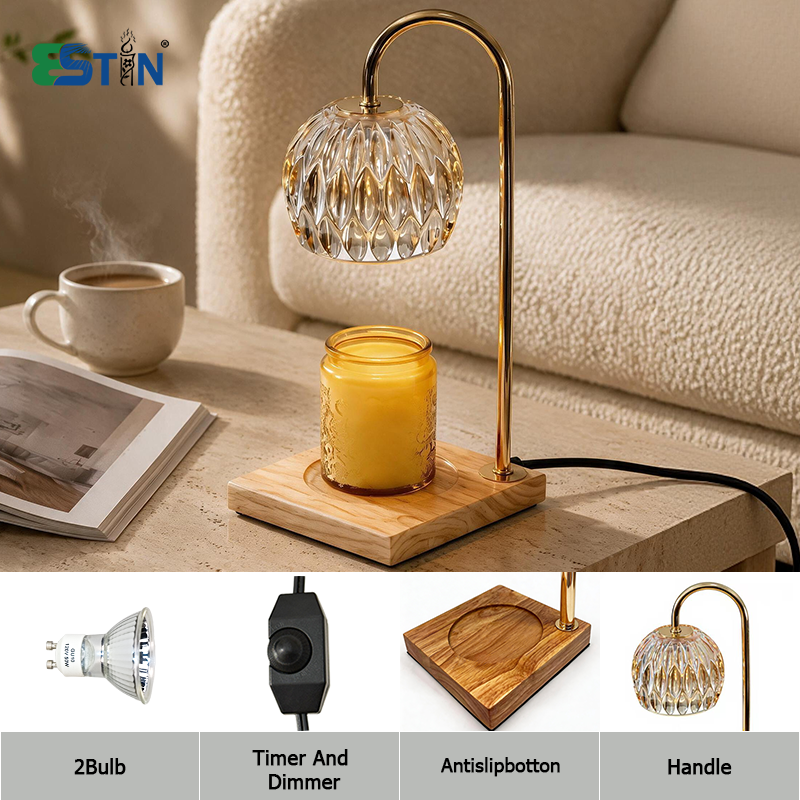 Luxury Crystal Glass Candle Warmer Lamp with Timer & Dimmer, Dimmable Electric Wax Melt Lamp with Natural Wood Base, 2 Bulbs Included