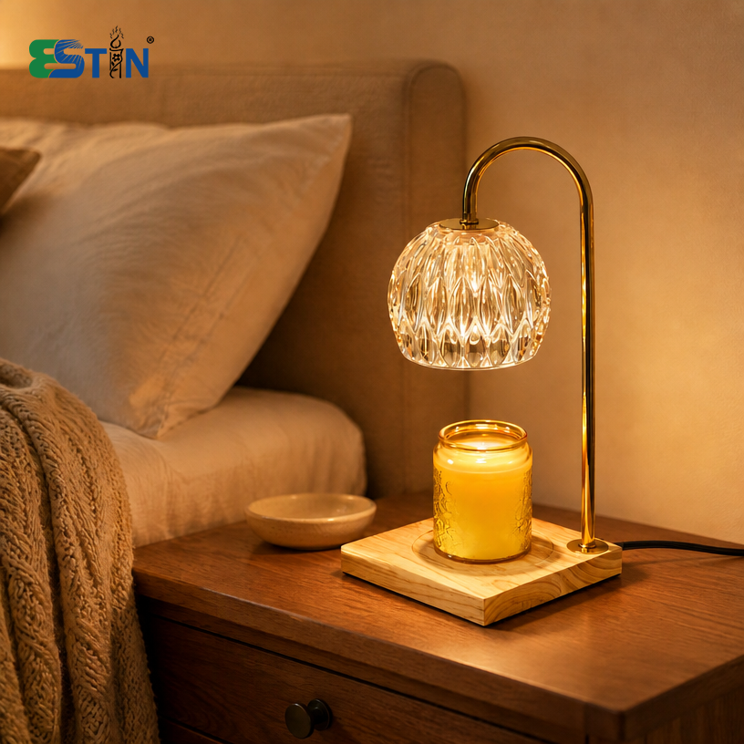 Luxury Crystal Glass Candle Warmer Lamp with Timer & Dimmer, Dimmable Electric Wax Melt Lamp with Natural Wood Base, 2 Bulbs Included