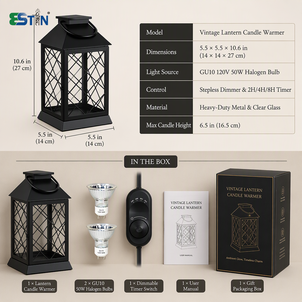 Vintage Lantern Candle Warmer Lamp – Dimmable Top-Down Candle Melter with 2/4/8H Timer