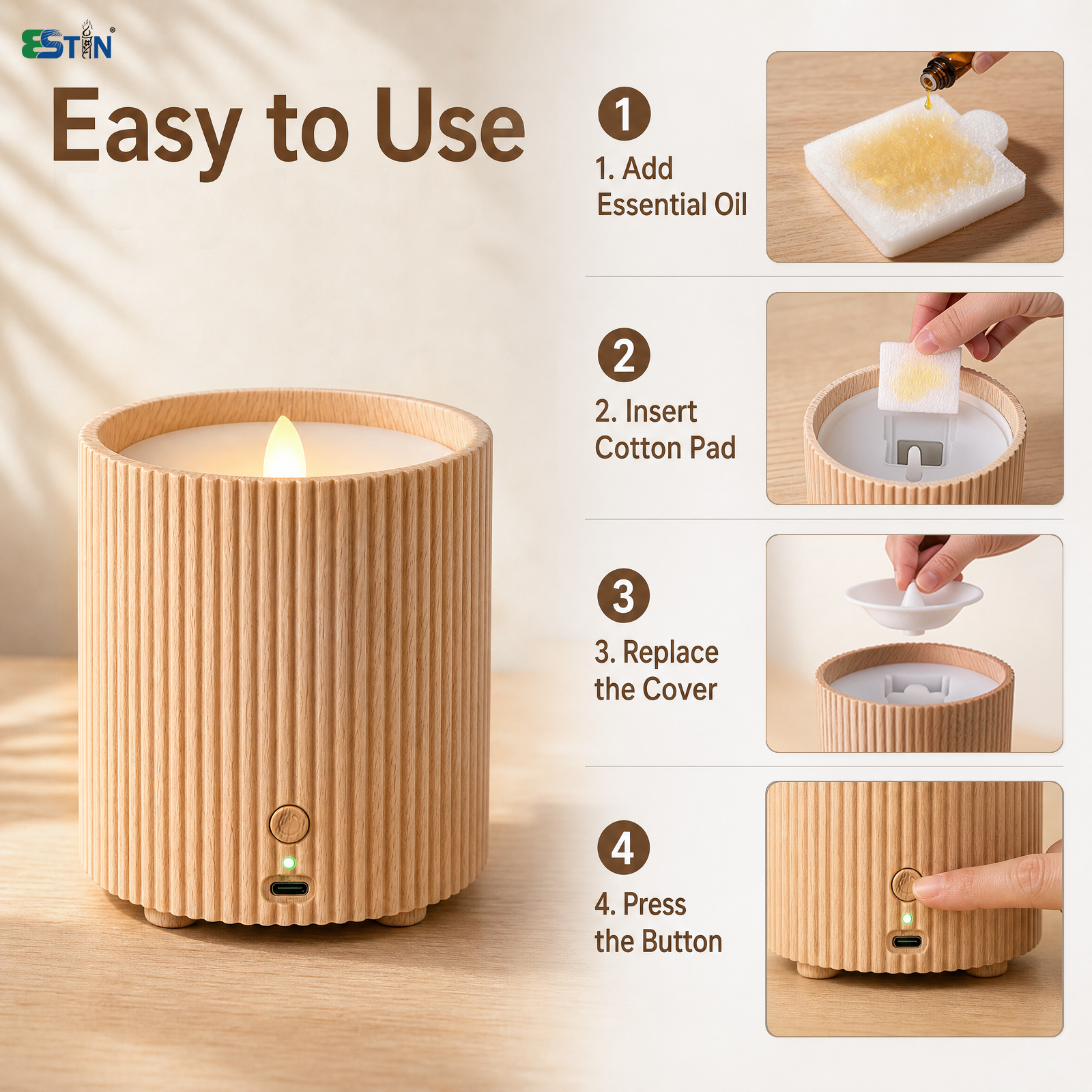 Wood Grain LED Candle Aroma Diffuser – Waterless Pure Essential Oil Fan Diffuser with 12 Refill Pads