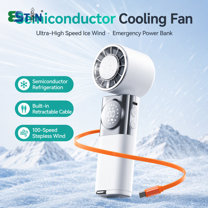 Semiconductor Cooling Handheld Fan – 100-Speed Turbo Personal Fan with Retractable Cable & 3600mAh Power Bank