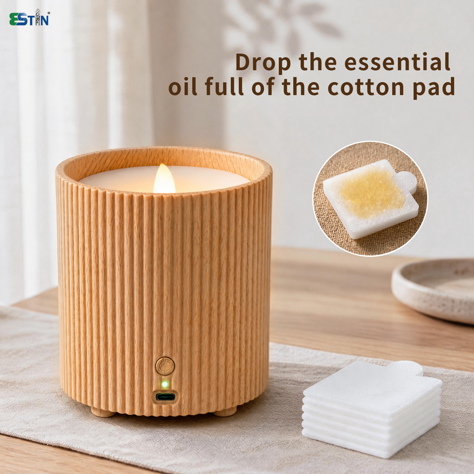 Wood Grain LED Candle Aroma Diffuser – Waterless Pure Essential Oil Fan Diffuser with 12 Refill Pads