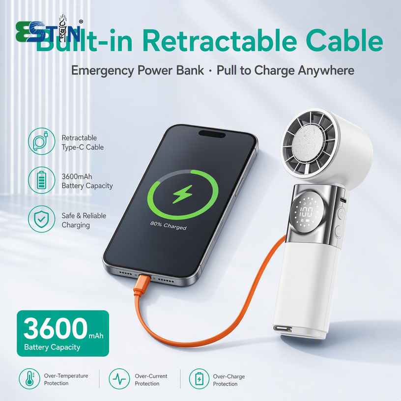 Semiconductor Cooling Handheld Fan – 100-Speed Turbo Personal Fan with Retractable Cable & 3600mAh Power Bank