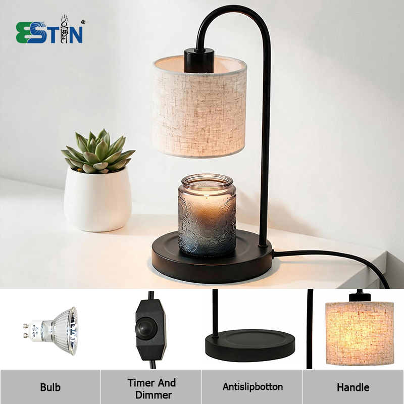 Fabric Shade Candle Warmer Lamp with Black Metal Stand, Flameless Wax Melt Warmer